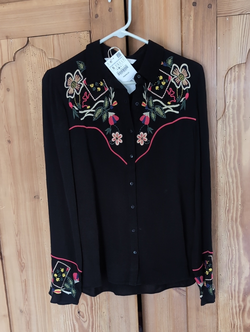 Zara Black Button-Down Top with Multicolor Floral Embroidery